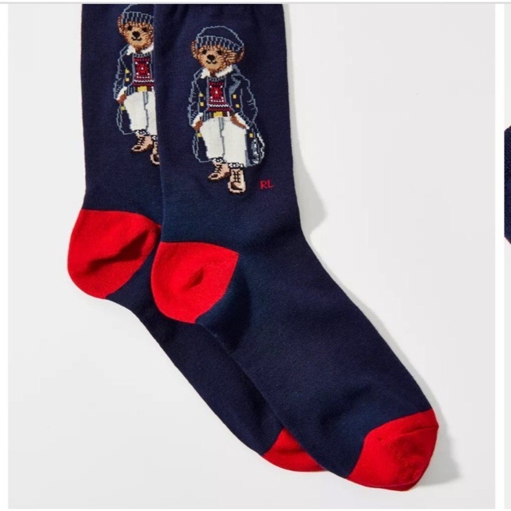 Polo Ralph Lauren Womens Size 9-11 Polo Bear Crew Socks Navy Red Winter NWT - Picture 4 of 9
